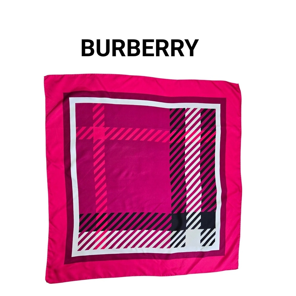 Burberry Silk Square Scarf Pink Magenta Geometric Plaid Large 34in
